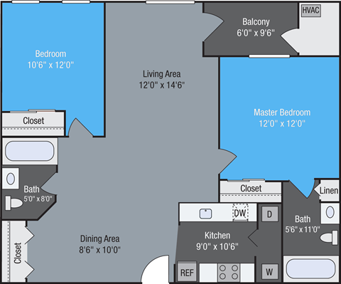 Floor plan for 2 beds, 2 baths, 1023 sqft